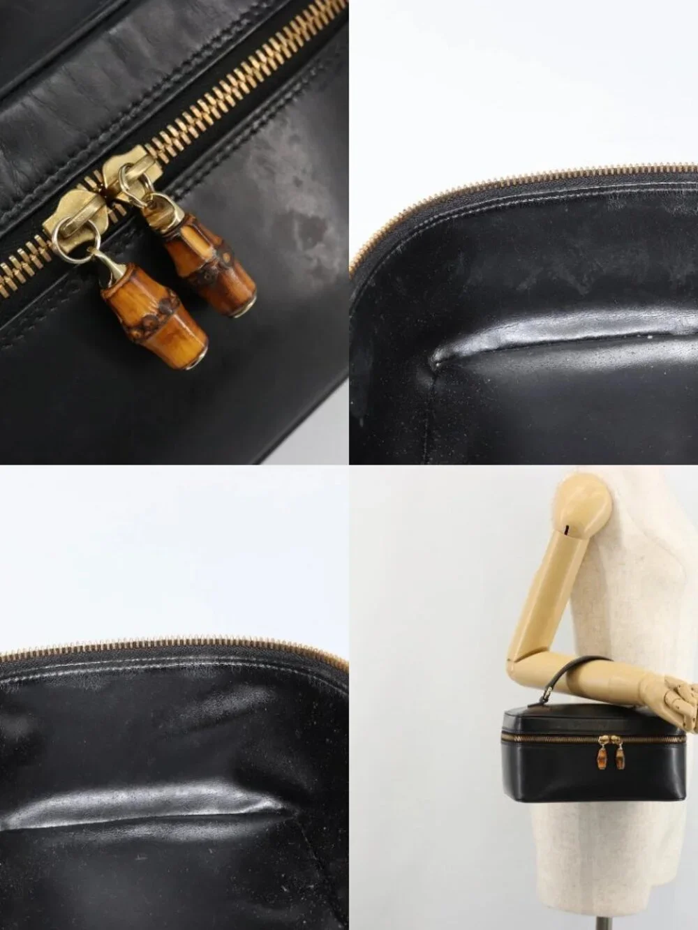 GUCCI Vanity Hand Bag Leather Black Gold 032 1956 0150 Auth ka4794